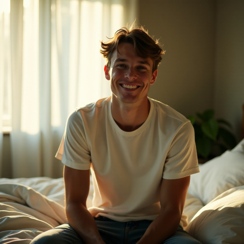 Young man with tousled hair sitting on bed.