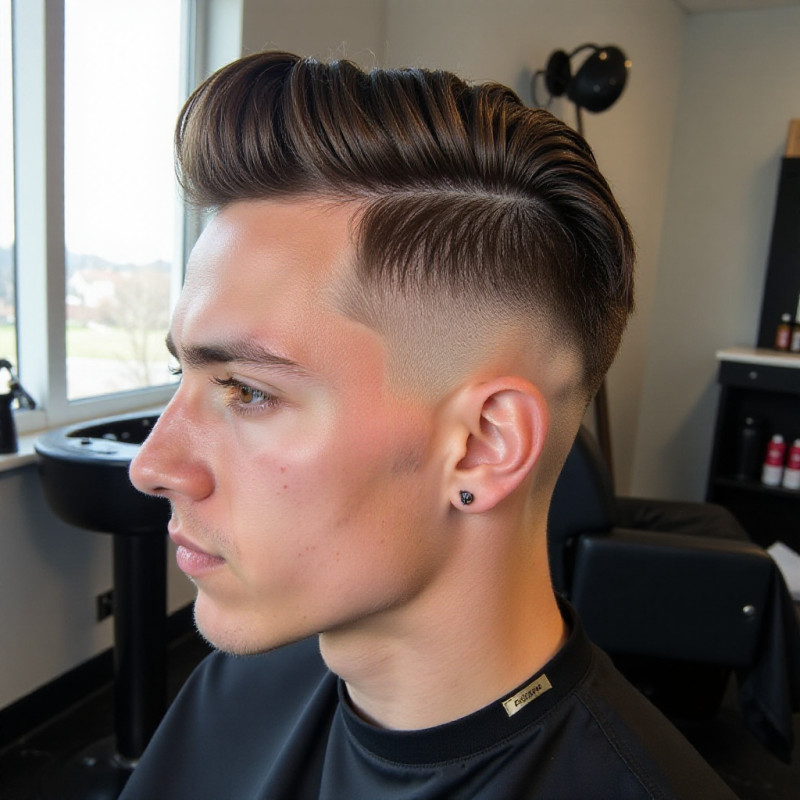 Young man with an undercut hairstyle in a barbershop.