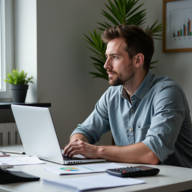 A thoughtful young man analyzing financial charts on his laptop.