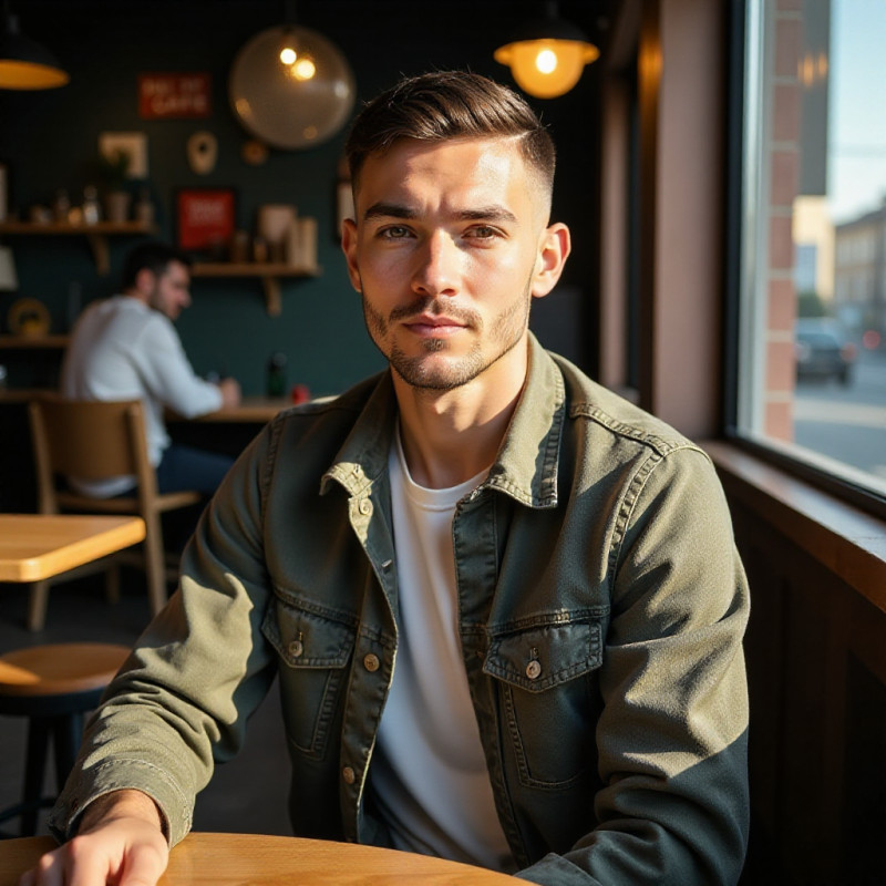 Young man with a clean crew cut at a cafe.